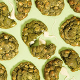 Matcha White Chocolate New York Cookie by Crumbs & Doilies, showing green cookies with white chocolate chips.